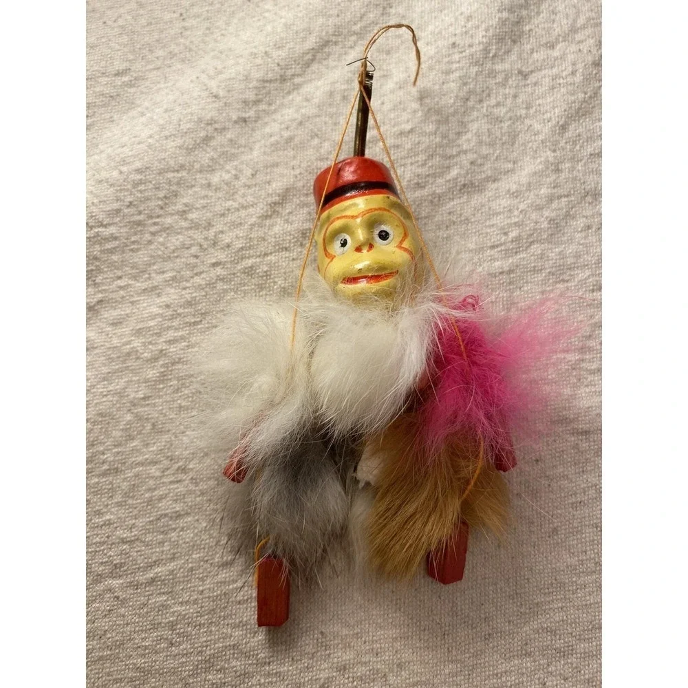 Antique Celluloid Monkey toy Hanging Bouncy Spring Feathers